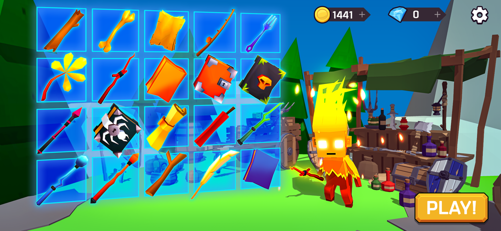 Magica.io - Inventory menu in Magica.io showing magic weapons and a fire hero character