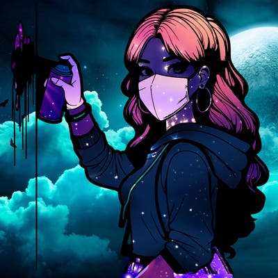 realistic girl with mask spray painting a wall