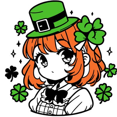 a manga-style girl with clovers around her, a little hat in her hair, like it's saint patrick's day