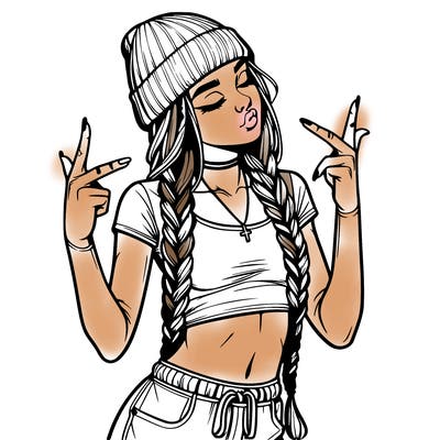 realistic teenage girl with braids and a beanie and crop top doing 🫶🏼