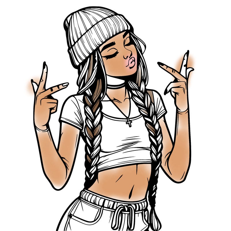 realistic teenage girl with braids and a beanie and crop top doing 🫶🏼