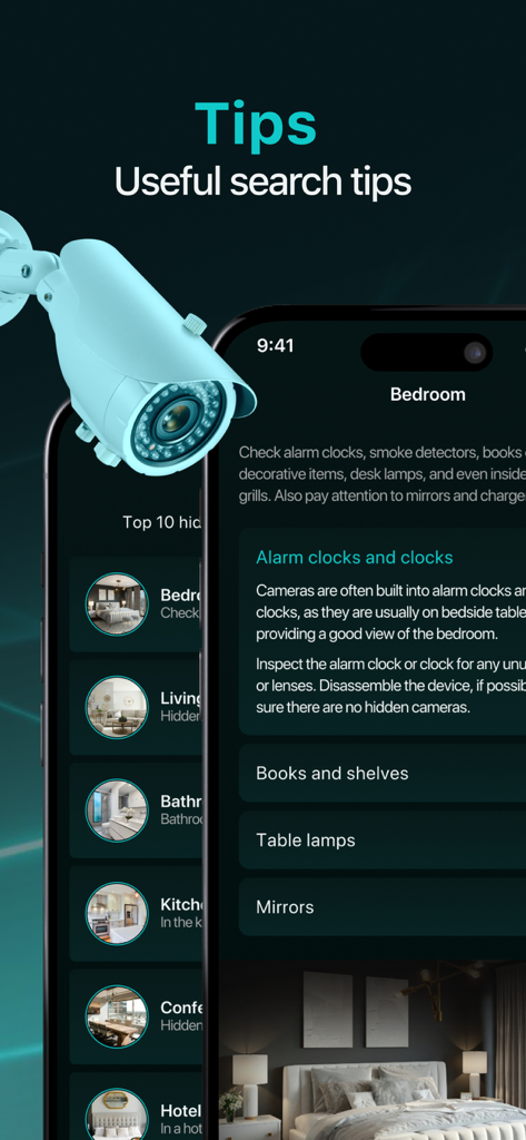 Spy Camera Detector & Scanner - Un écran d'application mobile affichant des conseils de recherche utiles pour trouver des caméras cachées dans les chambres et les réveils.