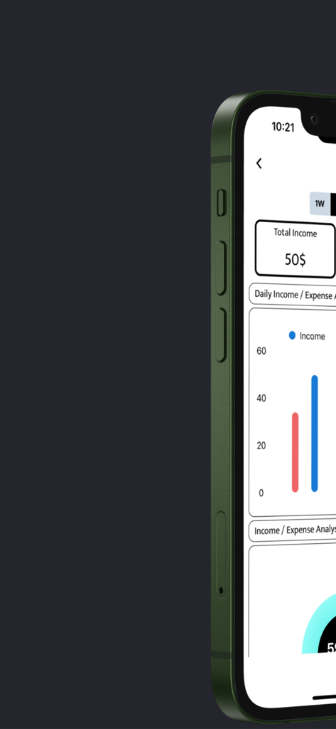 A mobile app screen showing a daily income and expense bar chart and total income summary.