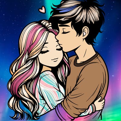 a realistic couple boy and girl hugging and kissing