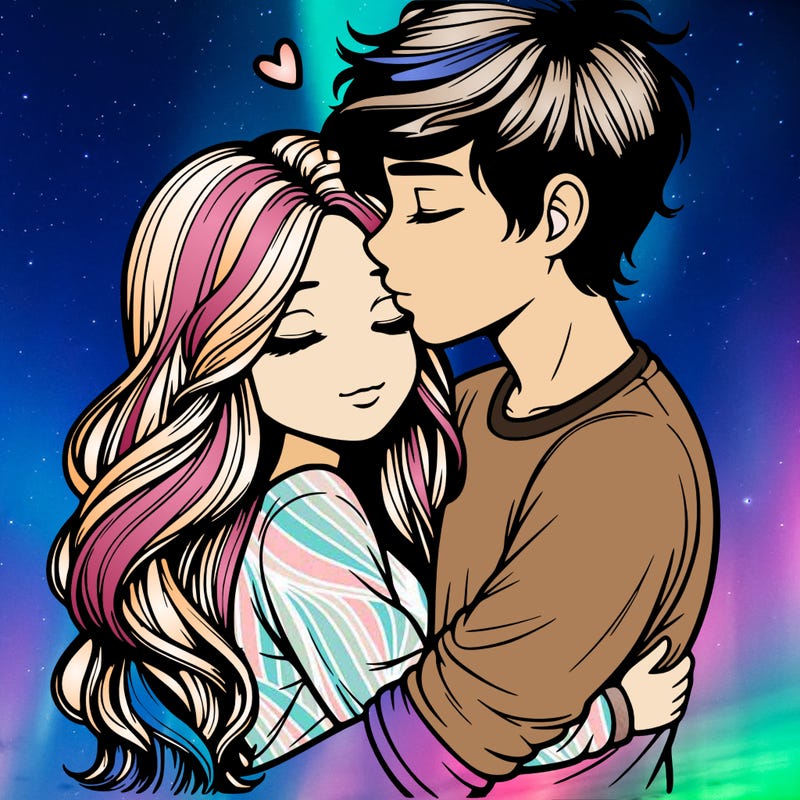 a realistic couple boy and girl hugging and kissing