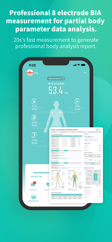 Fitdays app displaying professional body composition analysis and 8 electrode BIA measurement data
