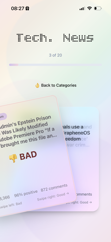 Gram News - Gram News app interface showing a tech headline card being swiped for reaction