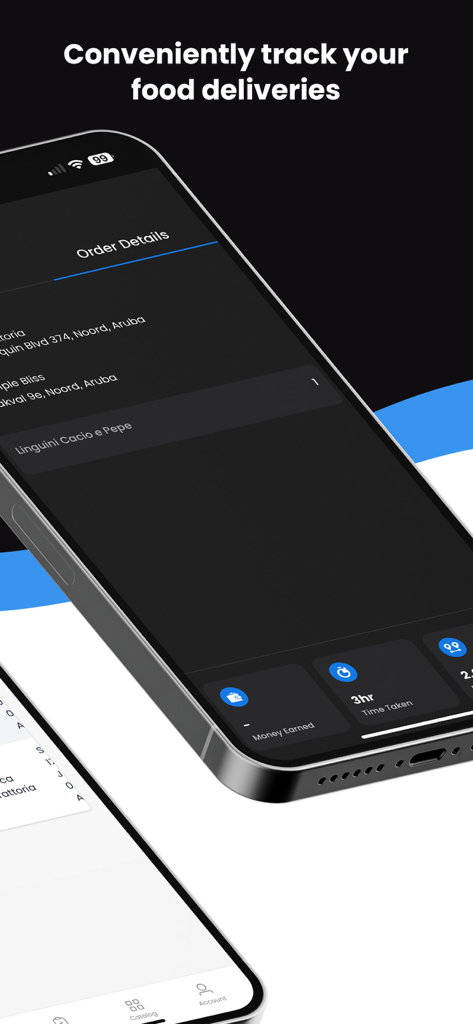 Aruba To You - Food Delivery - Aruba To You mobile app showing order details and delivery tracking on an iPhone.