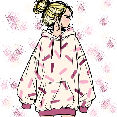 realistic girl with a oversized sweatshirt on and a bun