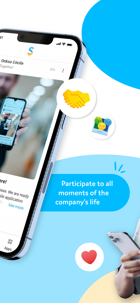 Steeple - 회사 내부 소식 및 소셜 상호작용 아이콘을 보여주는 Steeple 모바일 앱 인터페이스.