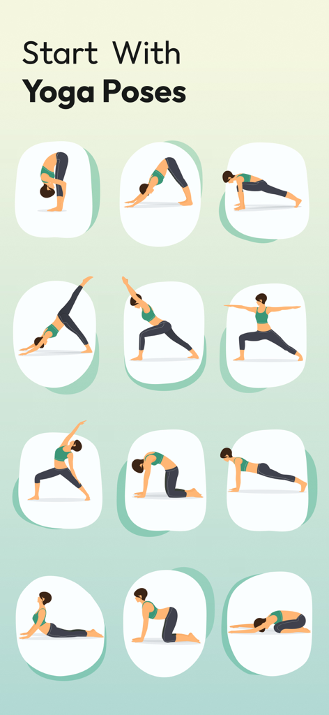 Yoga Fit | Yoga for Beginners - Twelve illustrations showing fundamental yoga poses for beginners