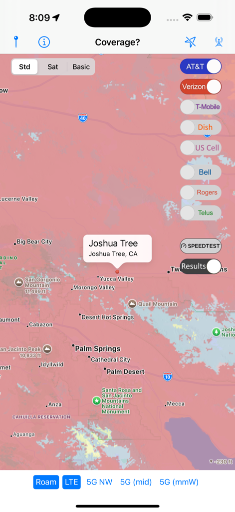 The Coverage app showing a cellular signal comparison map for the Joshua Tree area in California