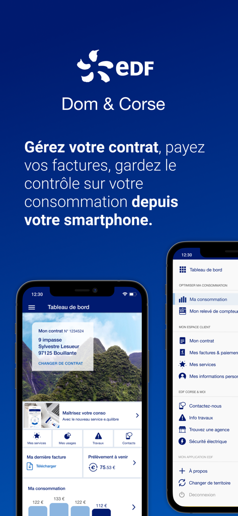 EDF Dom & Corse - EDF Dom and Corse mobile app interface showing energy consumption dashboard and billing features on a smartphone