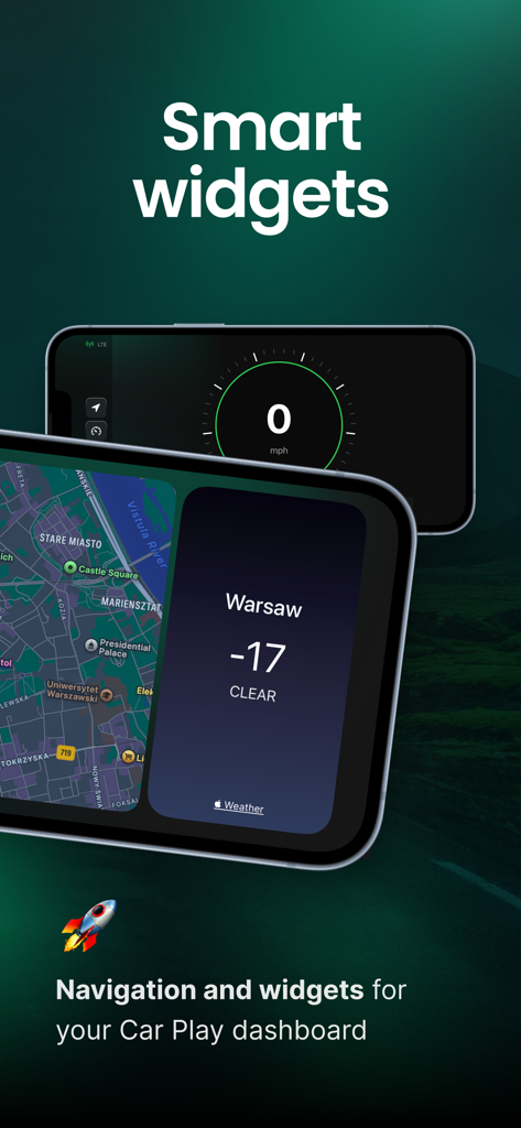 Car Play Connect: My Auto Sync - Aplicación Car Play Connect mostrando widgets inteligentes para navegación, clima y velocidad en un panel en modo oscuro