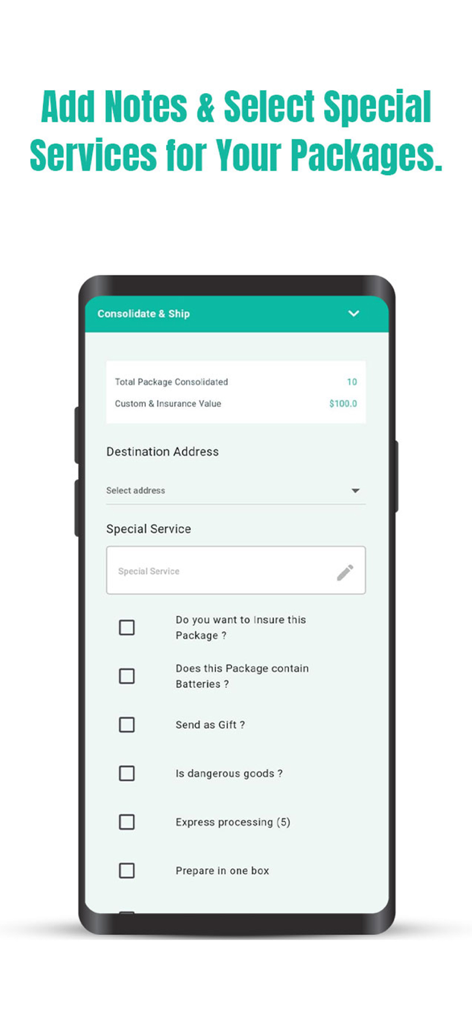 Global Shopaholics - Smartphone displaying the Global Shopaholics app screen for package consolidation and special shipping services like insurance and gift options.