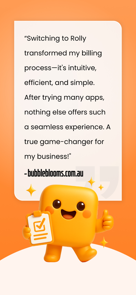 Rolly: Online Store Builder - A positive user testimonial for the Rolly app praising its intuitive billing and business tools featuring a happy character mascot.