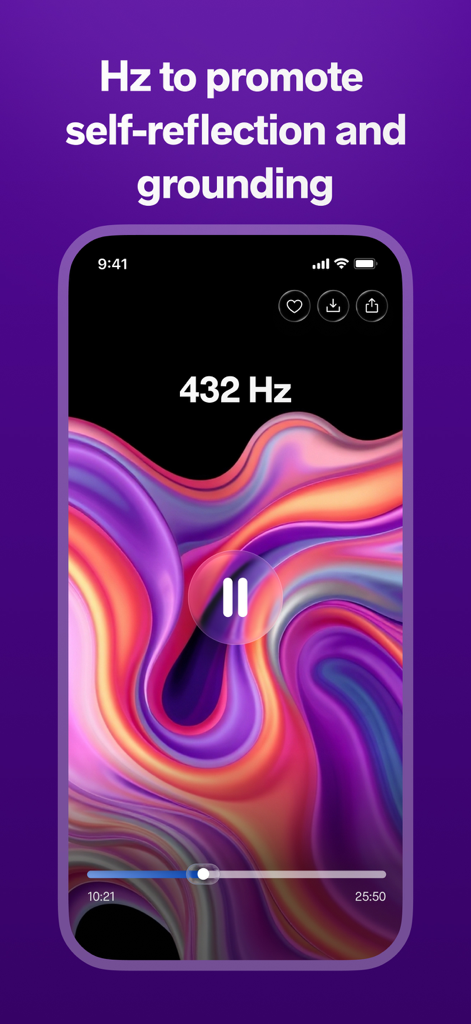 자기 성찰과 접지(grounding)를 촉진하는 432Hz 주파수 플레이어를 보여주는 Meditopia 앱 인터페이스.