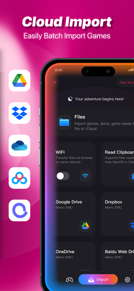 Manic EMU interface showing batch game import options from Google Drive Dropbox and OneDrive