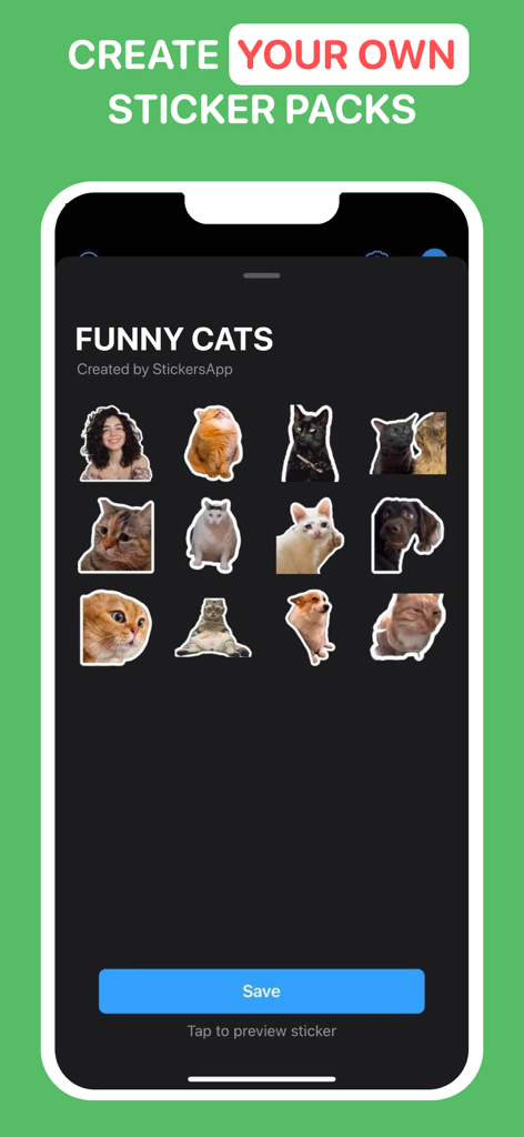 Top Sticker Maker for WhatsApp - A screenshot of the Top Sticker Maker for WhatsApp app showing a custom sticker pack of funny cats