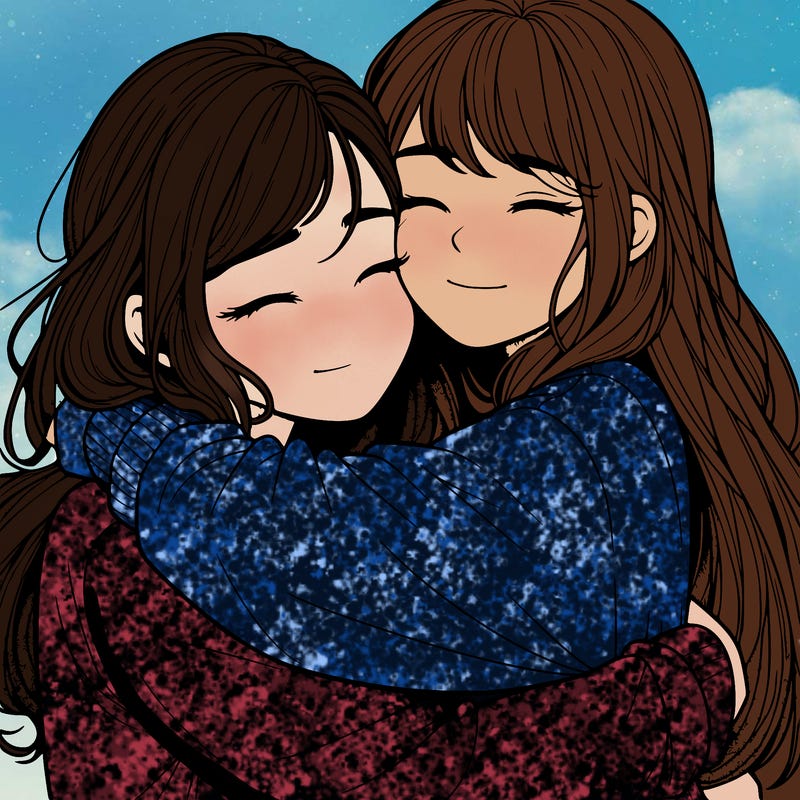 realistic two girls hugging