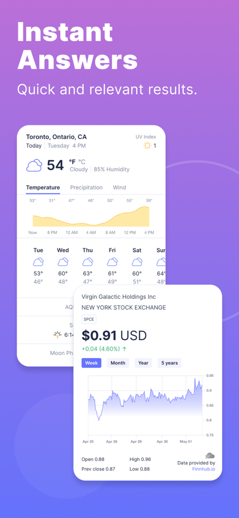 Startpage - Private Browser - Startpage app interface displaying instant search results for weather forecasts and stock market data.