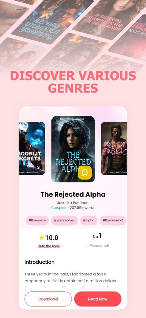 Fictio app interface featuring werewolf romance and paranormal novel genres