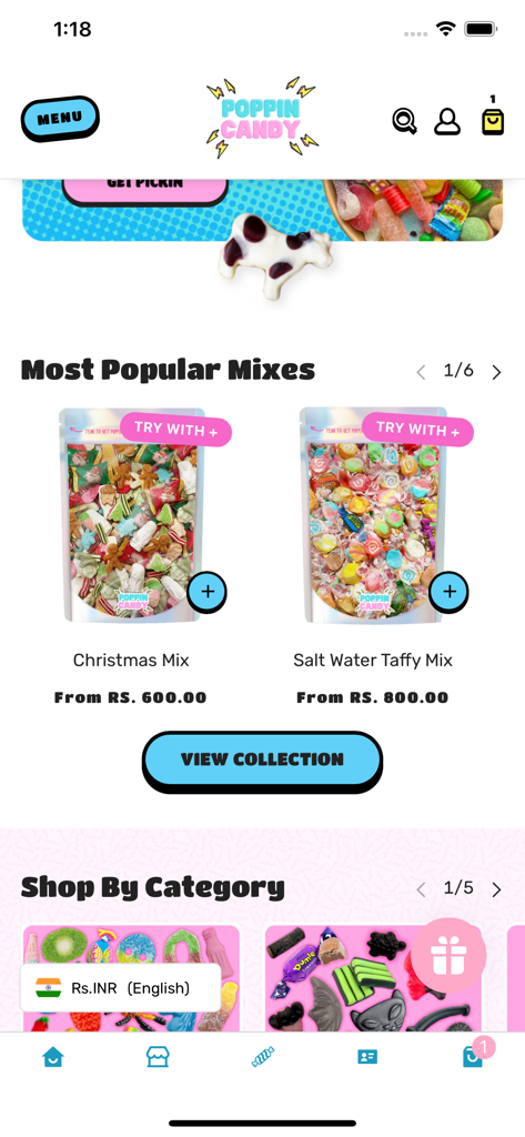 Interfaz de la app móvil Poppin Candy que muestra mezclas de dulces populares y categorías de compra.