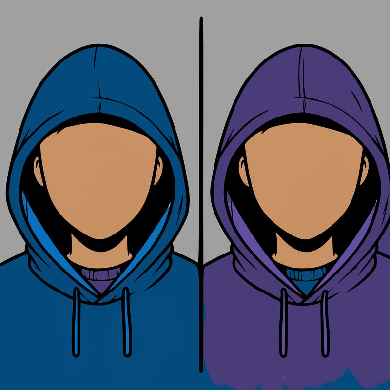 a person with a hoodie and no face, the drawing is split in 2