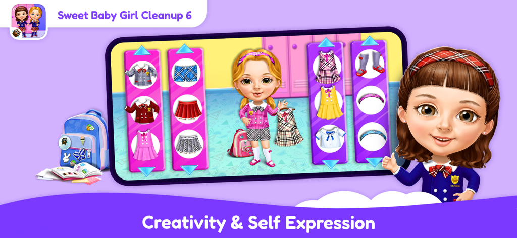 Little Minds: Game Bundle - Actividad de disfraces con temática escolar en el juego Sweet Baby Girl Cleanup, que presenta varios atuendos y un personaje femenino.