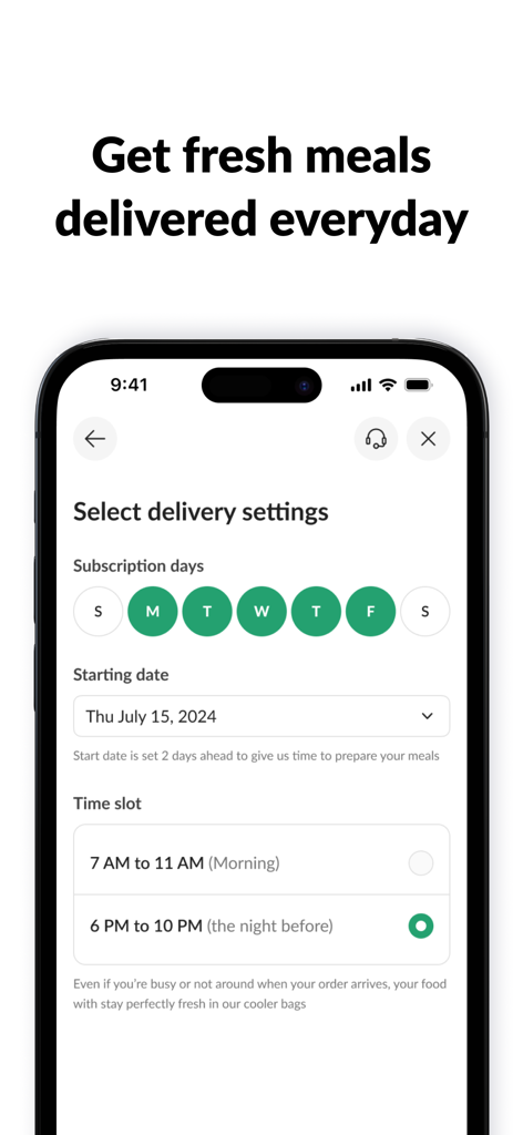 User interface of Calo app showing options to select meal delivery subscription days and time slots