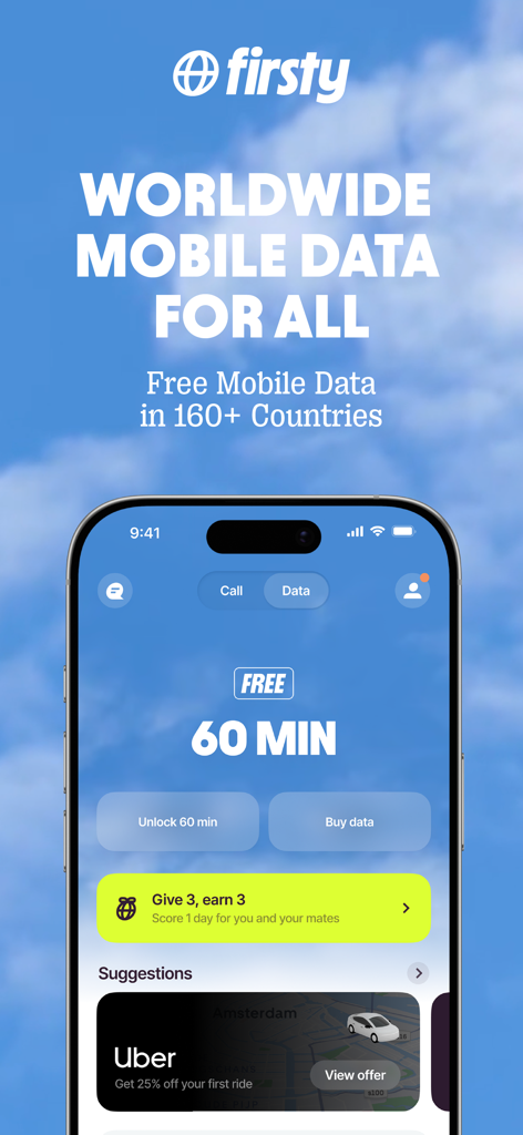 Firsty app interface showing free worldwide mobile data for travelers