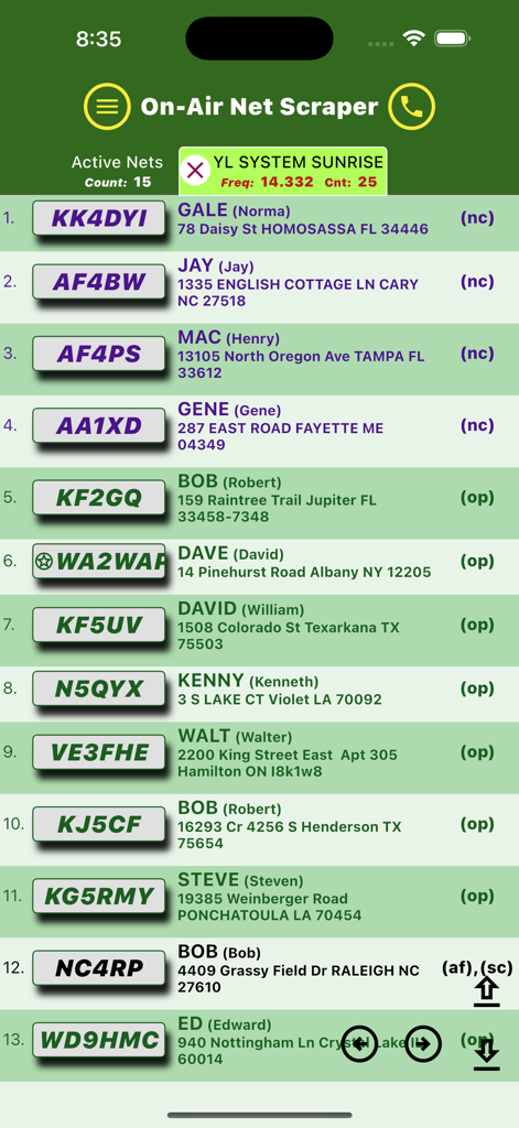 On-Air Net Scraper - On Air Net Scraper app showing amateur radio check ins with callsigns and location data