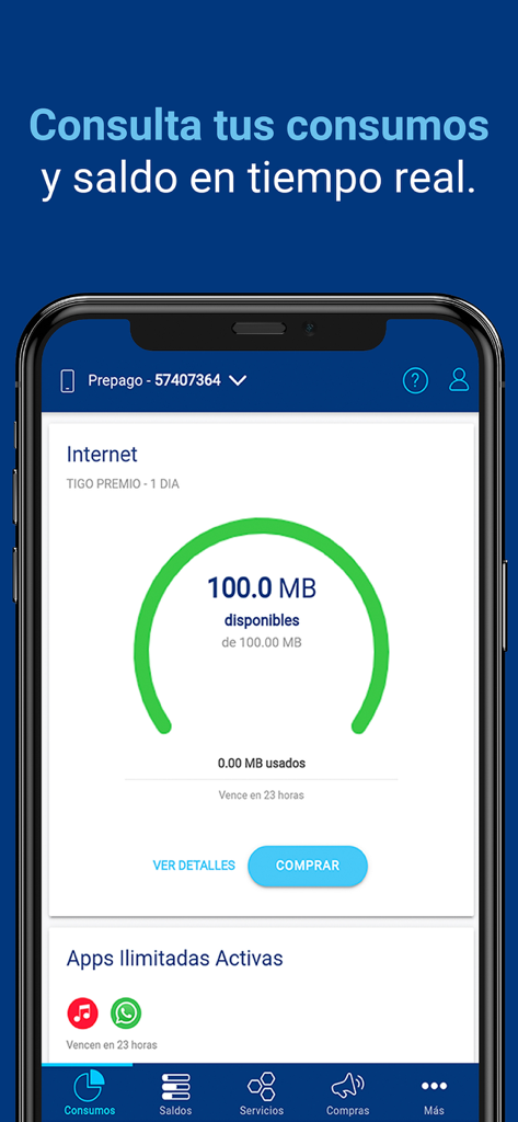 Tigo en Línea - Pantalla de teléfono inteligente mostrando la interfaz de la aplicación Tigo en Línea para verificar el consumo de datos de internet y las aplicaciones ilimitadas activas