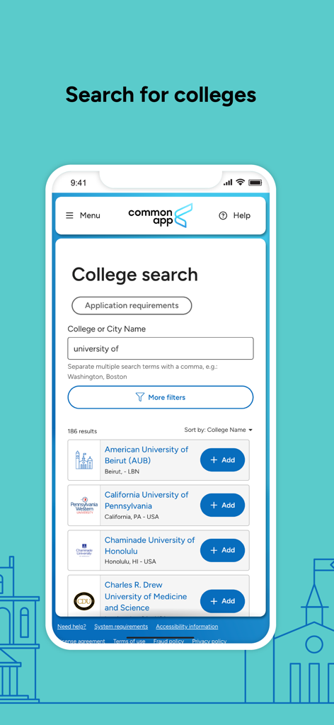 Common App - Screenshot of the Common App mobile interface displaying the college search screen with a list of universities and the option to add them to an application list.