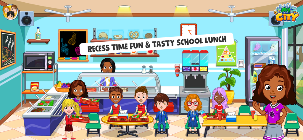 My City : High school - Des enfants de dessin animé assis à des tables et déjeunant dans une cafétéria scolaire