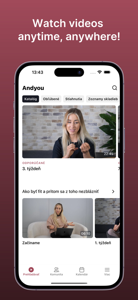 Andyou - Smartphone screen showing the Andyou app video catalog for holistic fitness and mindset programs