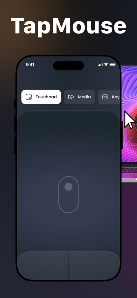 Remote Mouse & Keyboard - iPhone screen showing TapMouse app with a virtual trackpad interface for remote control