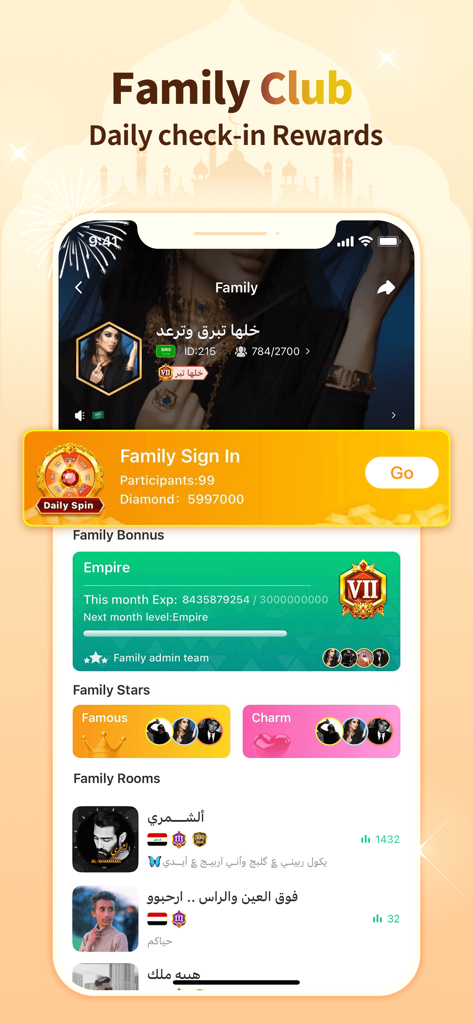 Famy - Famy app screen showing family club daily check-in rewards and active community rooms
