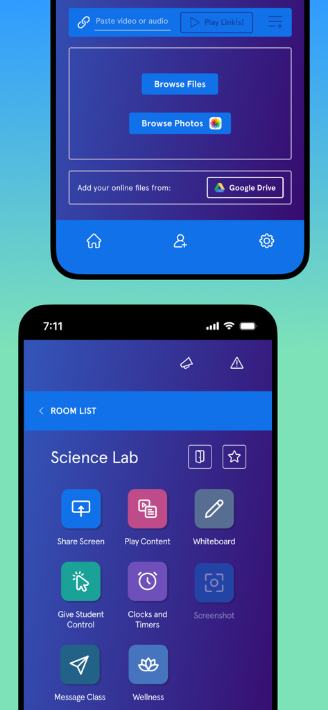 Vivi User App - Vivi User App dashboard showing classroom tools for screen sharing whiteboard and student engagement