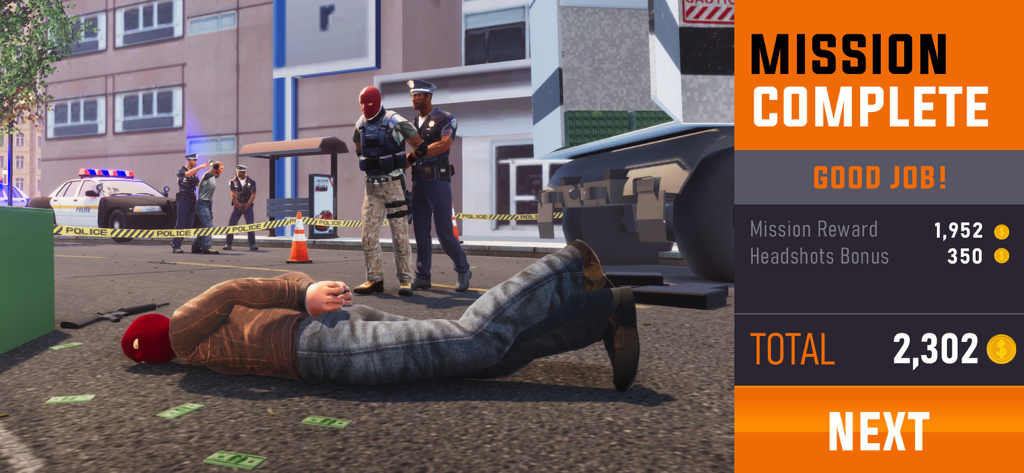 Sniper 3D game screen showing Mission Complete message with gold coin rewards and police arresting suspects.