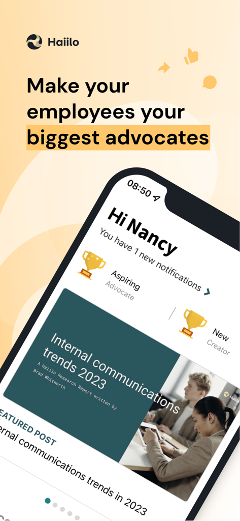 Haiilo Amplify - Mobile interface of the Haiilo Amplify app showing employee advocacy features and corporate content