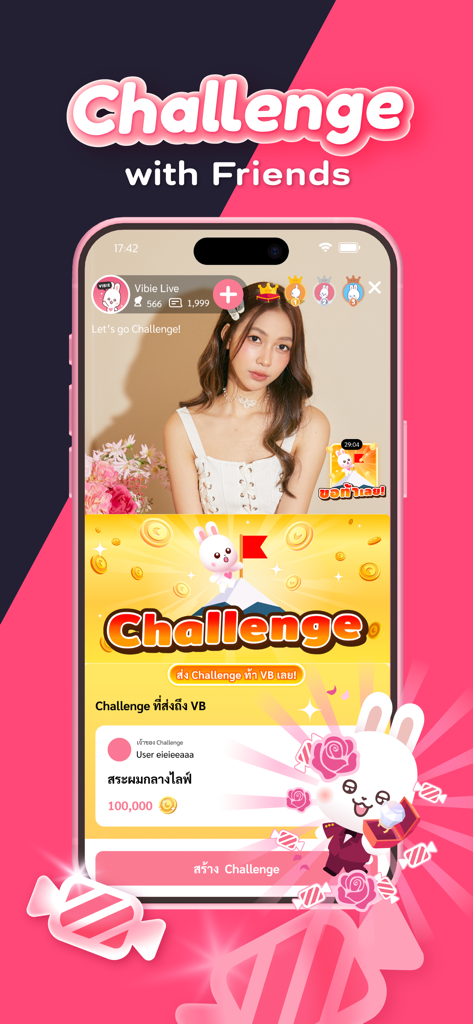 Vibie - Good Vibe Good Live - Vibie mobile app screenshot featuring a live streaming challenge with a host and a cartoon rabbit mascot