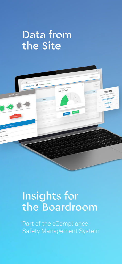 A laptop screen displaying the eCompliance safety management dashboard with data insights and site reports.