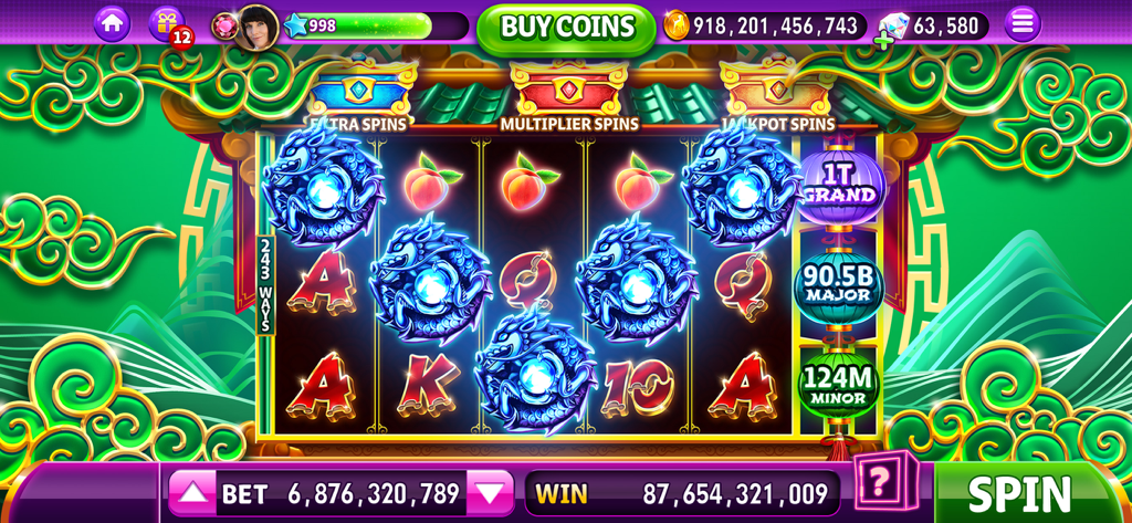 Hit it Rich! Casino Slots Game - Uno schermo di una macchina da slot a tema drago nel gioco Hit it Rich Casino Slots