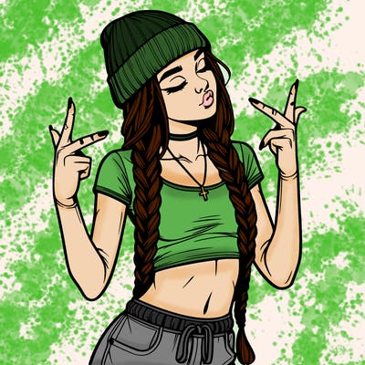 realistic teenage girl with braids and a beanie and crop top doing 🫶🏼