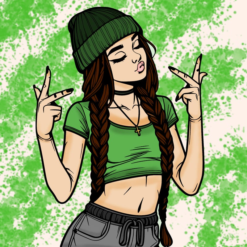realistic teenage girl with braids and a beanie and crop top doing 🫶🏼