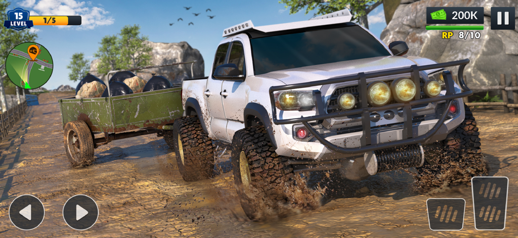 4x4 Offroad Truck Driving Game - A white 4x4 pickup truck towing a trailer of garbage bags through muddy terrain