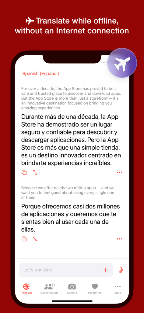 La aplicación Tap Translate que muestra una traducción de texto offline del inglés al español en un iPhone