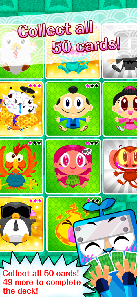 Math Ninja AR - Schermata che mostra la collezione di 50 carte personaggio colorate nell'app Math Ninja AR.