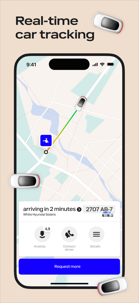 Uber BY — request taxis - Interfaz de la aplicación de taxi Fasten que muestra el seguimiento del coche en tiempo real en un mapa con detalles del conductor y hora de llegada.